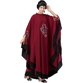 Embroidery Irani Kaftan with contrast border- Maroon-Black